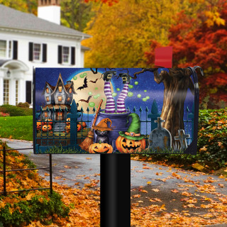 Witches Brew Mailbox Cover with Halloween design featuring pumpkins, witch, and haunted house scenery.