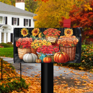 Baskets of Mums colorful mailbox cover with pumpkins, sunflowers, and fall flowers on black background.