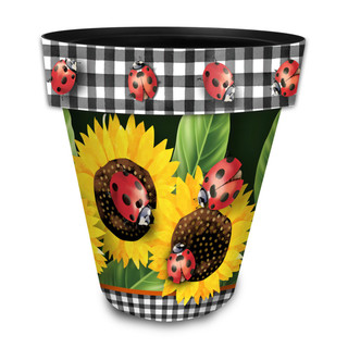 Ladybugs and Sunflowers Large Planter with black and white gingham trim and vibrant red ladybugs.