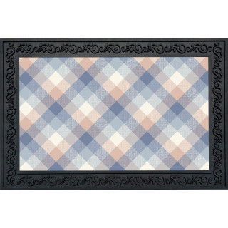 Pink and blue check doormat with black border and decorative frame, plaid pattern.
