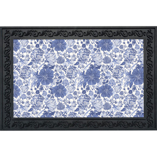 Blue and white floral doormat with intricate design and black border, decorative rectangular welcome mat.