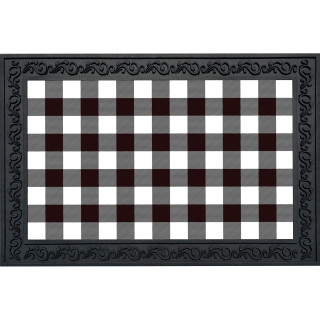 Black and white check doormat with decorative border, gray, black, and white checkered pattern.