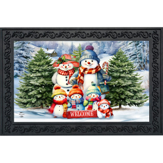 Snow Family Doormat with colorful snowmen and trees on snowy background with welcome sign.