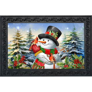 Snowman doormat with snowflakes, trees, and birds, wearing hat and scarf, Winter Friends design.