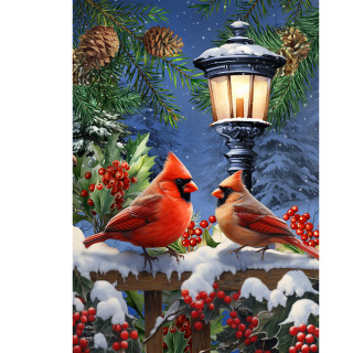 Winter Glow Cardinals Garden Flag with two cardinals on snowy fence next to lamp post.