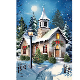 Snowy church with bell tower, Christmas wreaths, and tree under full moon on garden flag.