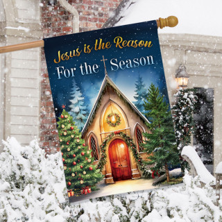 Reason For the Season Church House Flag with Christmas church and trees on snowy background.