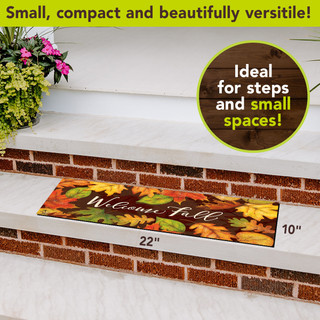 Welcome Fall Leaf Toss Mini Mat, 10x22 inches, colorful autumn leaves design on brown background.