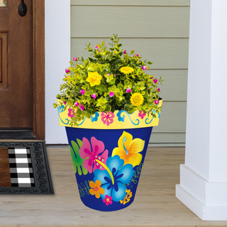Hello Sunshine Large Planter with colorful floral design and yellow flowers in a blue pot.