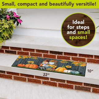 Fall Gnomes Mini Mat, 22" x 10", colorful autumn design with pumpkins and gnomes.