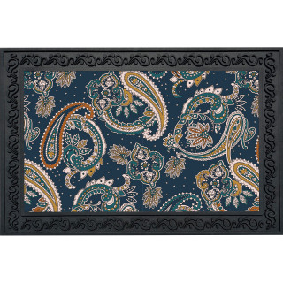 Paisley Doormat with navy blue background, orange, white, and green paisley floral pattern on black base.
