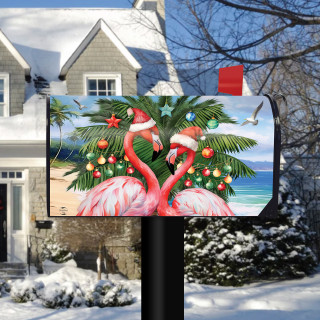 Festive Flamingos Mailbox Cover with pink flamingos, palm trees, and Christmas ornaments on a black mailbox.