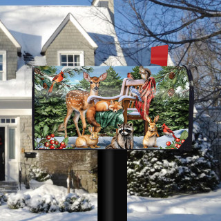 Snow Day Friends Mailbox Cover with winter scene of deer and raccoons on a mailbox.