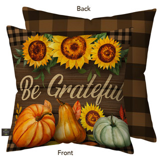Brown plaid pillow with Be Grateful Fall Burlap design, sunflowers, pumpkins, and pears on front.