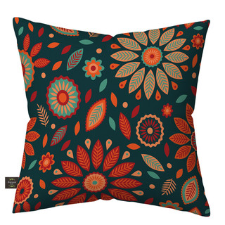 Teal and orange floral burlap pillow with vibrant flower and leaf pattern on dark background.