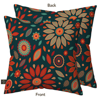 Orange and Teal Floral Burlap Pillow, dark green background with orange, teal, and red floral patterns.