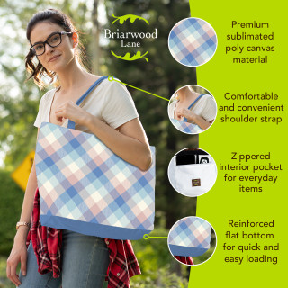 Pink and blue check canvas tote bag with blue trim and comfortable shoulder strap.