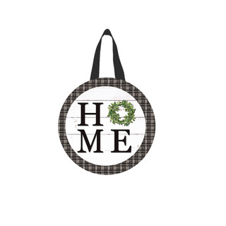 Round wood door hanger with plaid border, "HOME" text and green wreath on white background.