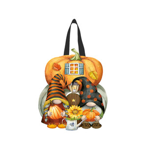 Fall gnome-themed wood door hanger with pumpkins and gnomes on a white background hanging freely.