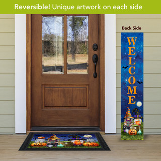 Halloween Thanksgiving Gnomes Pine Reversible Porch Leaner with welcome sign and matching doormat displayed.