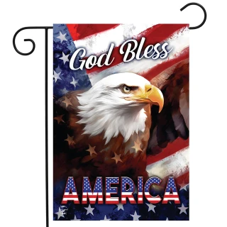 Patriotic garden flag with eagle, American flag background, and "God Bless America" text.