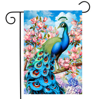 Vibrant peacock on Fancy Peacock Garden Flag with pink flowers and blue sky background displayed outdoors.