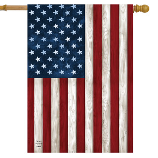 Wood American Flag House Flag with wooden texture and gold pole on white background.