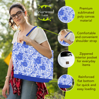 Blue and white floral canvas tote bag with blue trim and comfortable shoulder strap and pocket.