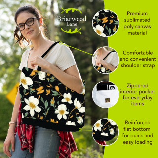 Elegant Flowers Canvas Tote bag with white, yellow and orange flowers on a black background.