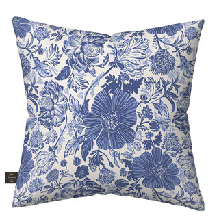 Blue and white floral burlap pillow with large blue flowers on a white background.