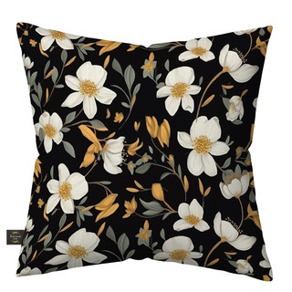 Elegant Flowers Burlap Pillow with white flowers, gold and gray leaves on black background.
