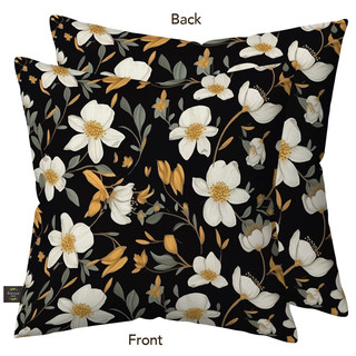 Elegant Flowers Burlap Pillow, black background with white flowers and gold accents, floral pattern.
