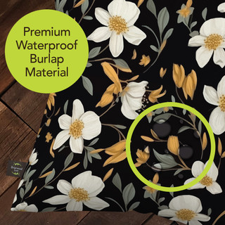 Elegant Flowers Burlap Pillow, waterproof black floral burlap material with white and yellow flowers.