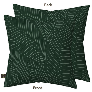 Dark green burlap pillow with tropical leaf pattern, front and back view shown.