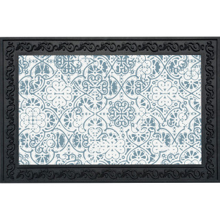 Ornamental blue and white doormat with black border and floral pattern design.