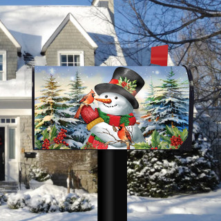 Winter Friends Snowman Oversized Mailbox Cover with colorful snowman and winter scene design on a mailbox.
