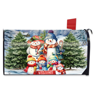 Snow Family Mailbox Cover with colorful snowmen and welcome sign on snowy background with trees.