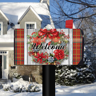 Holiday Poinsettia Wreath Mailbox Cover with red flowers, plaid accents and Welcome text on wood.