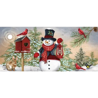 Snowman and Friends Mini Mat with snowman, rabbit, cardinals, birdhouse, and trees in winter scene.