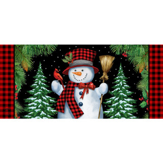 Red Checkered Snowman Mini Mat with snowman, trees, and cardinal in red and black plaid pattern.