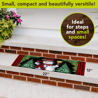 Red Checkered Snowman Mini Mat, 22x10 inches, on a step with a festive holiday design.