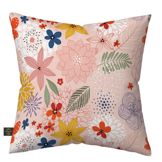 Colorful Flowers Burlap Pillow with pink background and multicolored floral patterns and green leaves design.