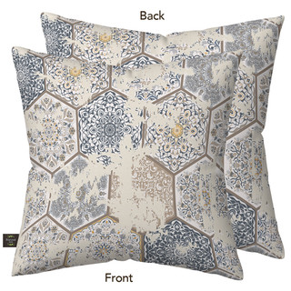 Vintage Patchwork Burlap Pillow, beige background with blue and gold floral hexagonal pattern on both sides.