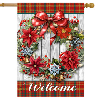 Holiday Poinsettia Wreath House Flag with red bow, flowers, and Welcome text on wooden background.