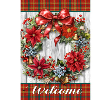 Holiday Poinsettia Wreath House Flag with red bow, flowers, bells, and welcome text on plaid background.