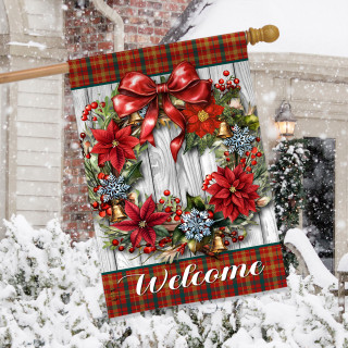 Holiday Poinsettia Wreath House Flag with red flowers, bow, and Welcome text on plaid background.