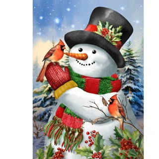 Snowman in black hat and red, green scarf with cardinals on Winter Friends garden flag.