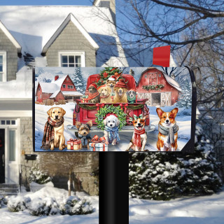 Holiday Cheer Dogs Mailbox Cover with colorful dogs and barn on snowy scene.