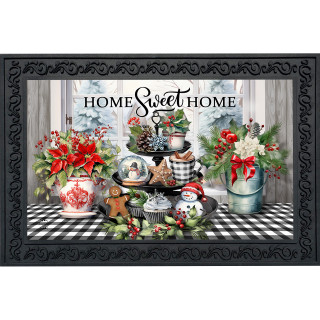 Winter Memories Doormat with festive holiday decorations and "Home Sweet Home" text on a black background.