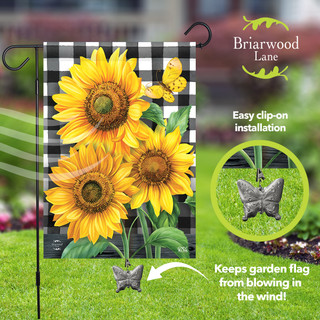 Metal butterfly garden flag weight, sunflowers and butterfly design, black and white checkered background garden flag.
